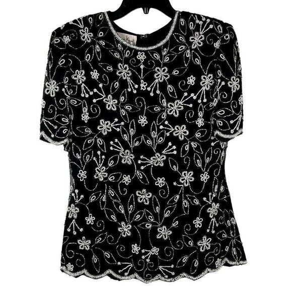 Laurence Kazar Beaded Floral Silk Lined Short Sleeve Blouse Medium - Picture 1 of 16